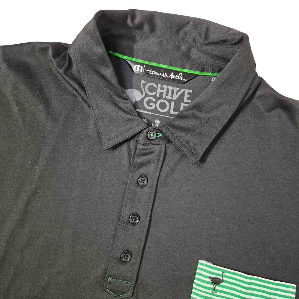 TravisMathew Polo Mens XXXL Black Green Striped Pocket Pima Cotton Golf Classic